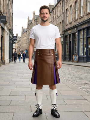 Brown Leather Kilt With Purple Pleats