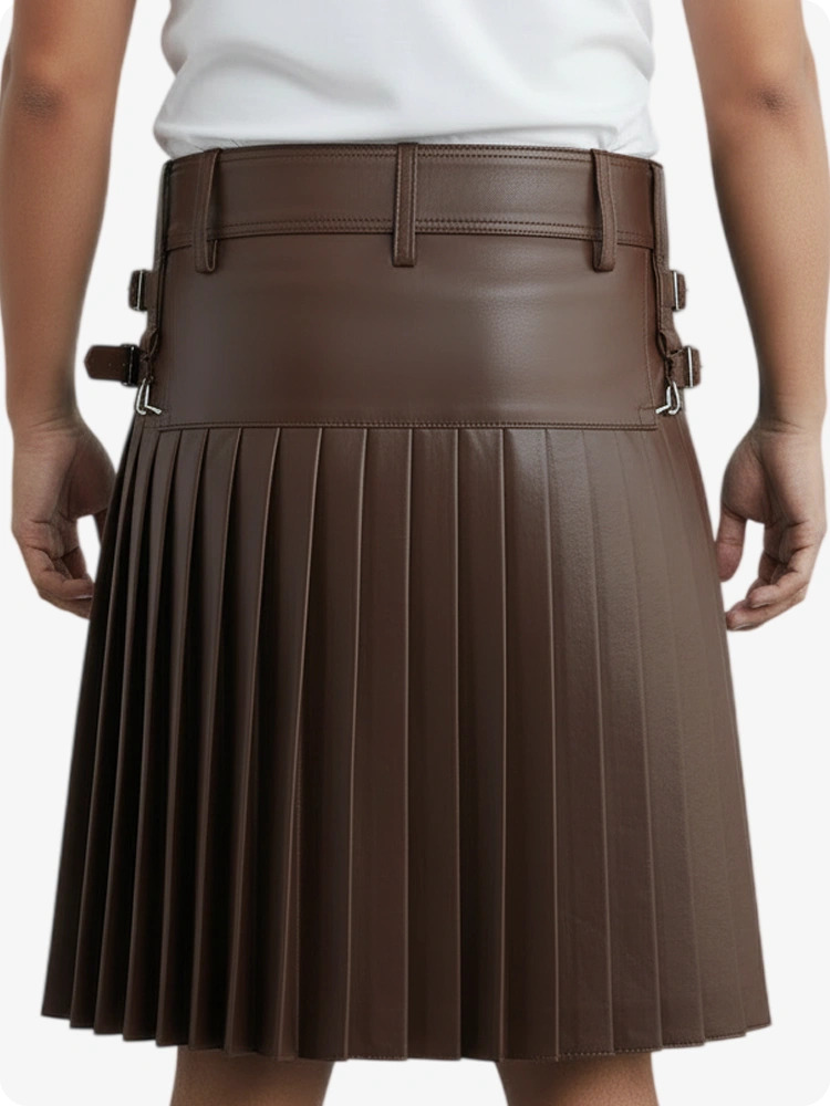 Brown pleated skirt with belt on a white background
