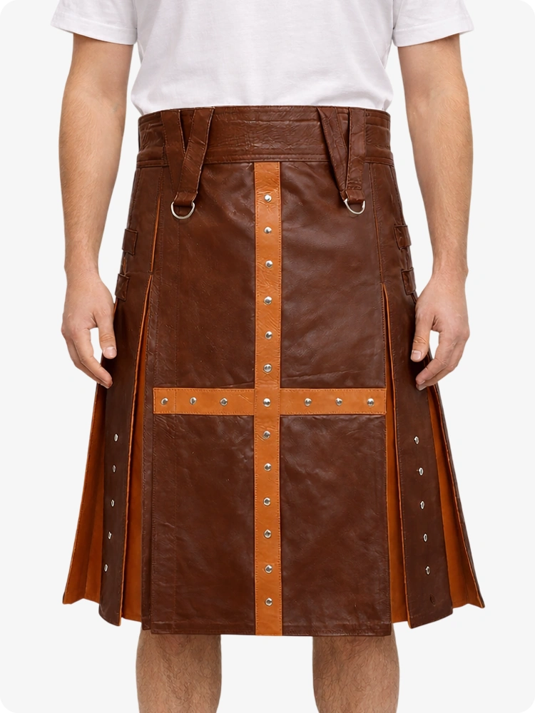 Brown Leather Utility Kilt with Brown Cross Panel & Metal Rivet Detailing