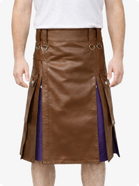 Brown leather kilt with purple accents worn by a person on a white background