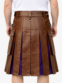 Brown leather kilt with purple lining worn by a person on a white background