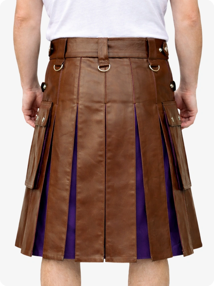 Brown leather kilt with purple lining worn by a person on a white background