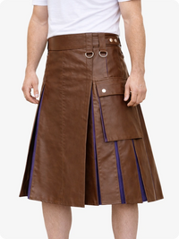 Brown leather skirt with purple accents worn by a person on a white background