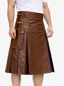 Brown leather skirt with grommets and pockets on a white background