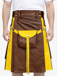 Brown Leather Utility Kilt with Yellow Accents & Detachable Pockets