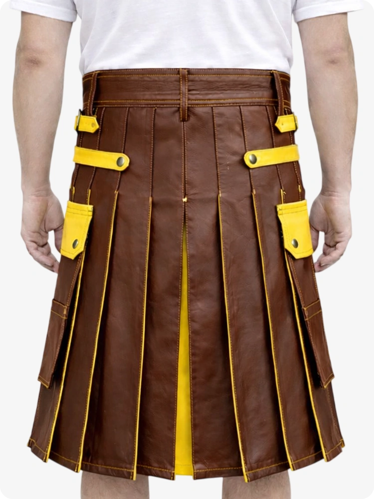Brown Leather Utility Kilt with Yellow Accents & Detachable Pockets