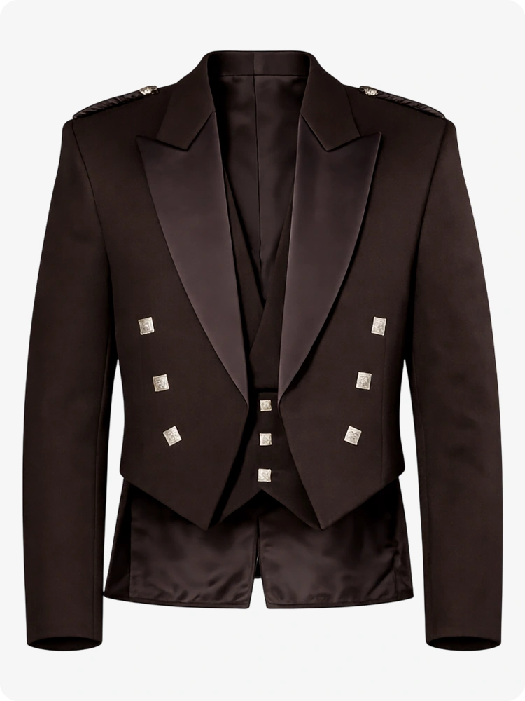 Brown Prince Charlie Kilt Jacket with Satin Lapels & Silver Square Buttons