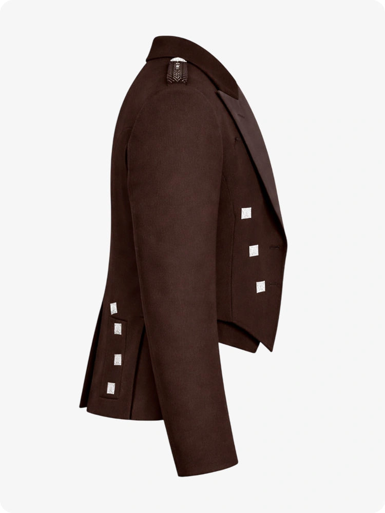 Brown Prince Charlie Kilt Jacket with Satin Lapels & Silver Square Buttons
