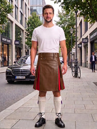 A man stands on a city sidewalk wearing a brown leather kilt with red lining, a white t-shirt, white knee-high socks, and black shoes. Buildings, trees, a parked black car, and a bicycle are visible in the background.