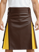 Brown leather kilt with yellow accents worn by a person on a white background