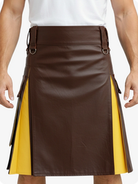 Brown leather kilt with yellow accents worn by a person on a white background