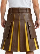 Brown leather kilt with yellow accents worn by a person on a white background