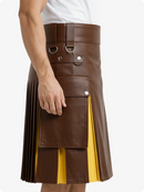 Brown leather kilt with yellow accent on a white background