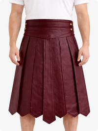 Burgundy pleated skirt worn by a person on a white background