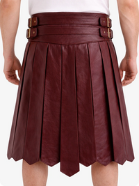 Burgundy pleated skirt with belt on a white background
