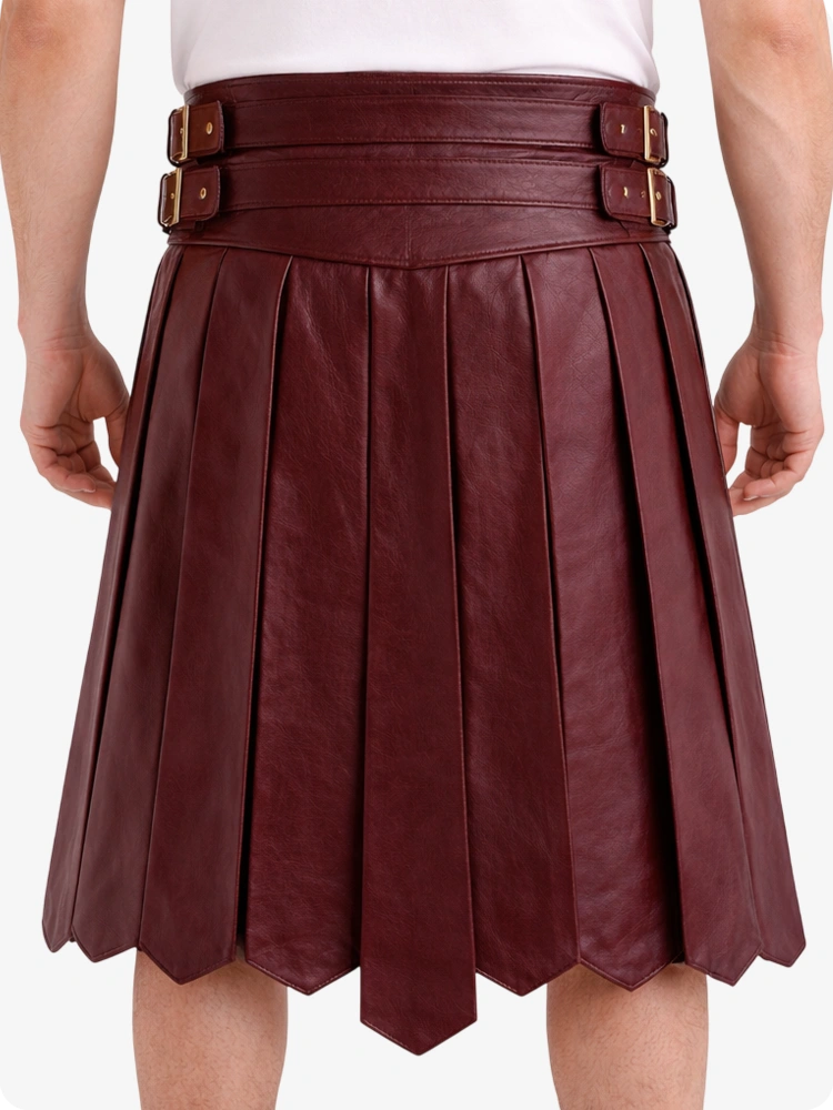 Burgundy pleated skirt with belt on a white background
