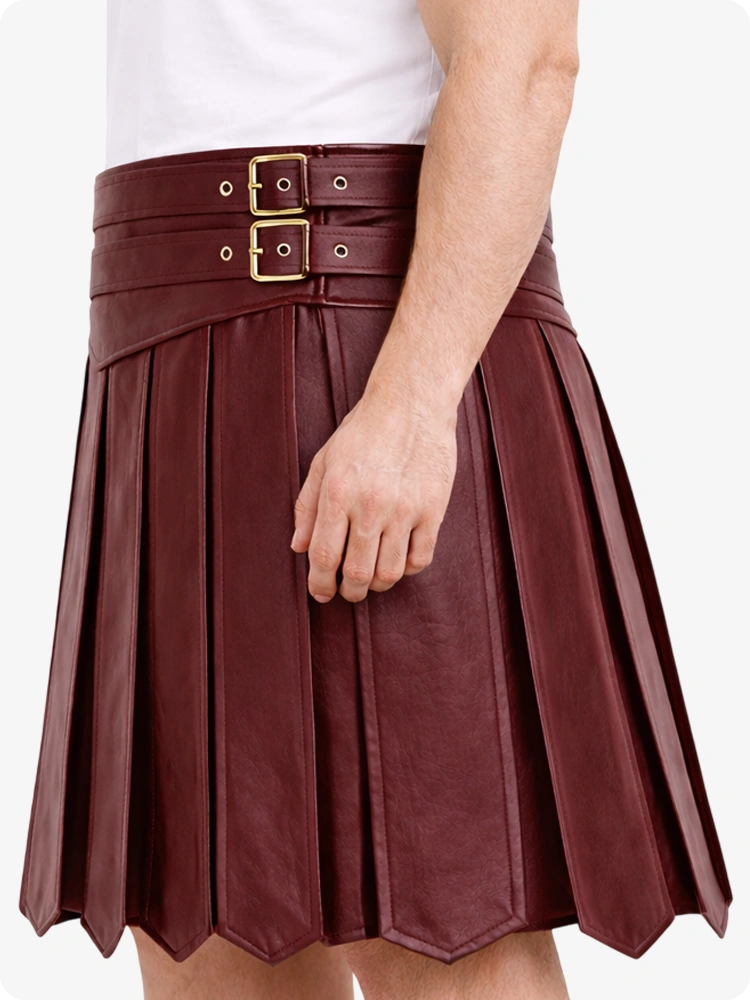 Burgundy pleated skirt with gold belt on a white background