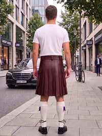 A man standing on a city sidewalk, viewed from behind, wearing a white t-shirt and a dark brown pleated leather kilt with white knee-high socks and black shoes.