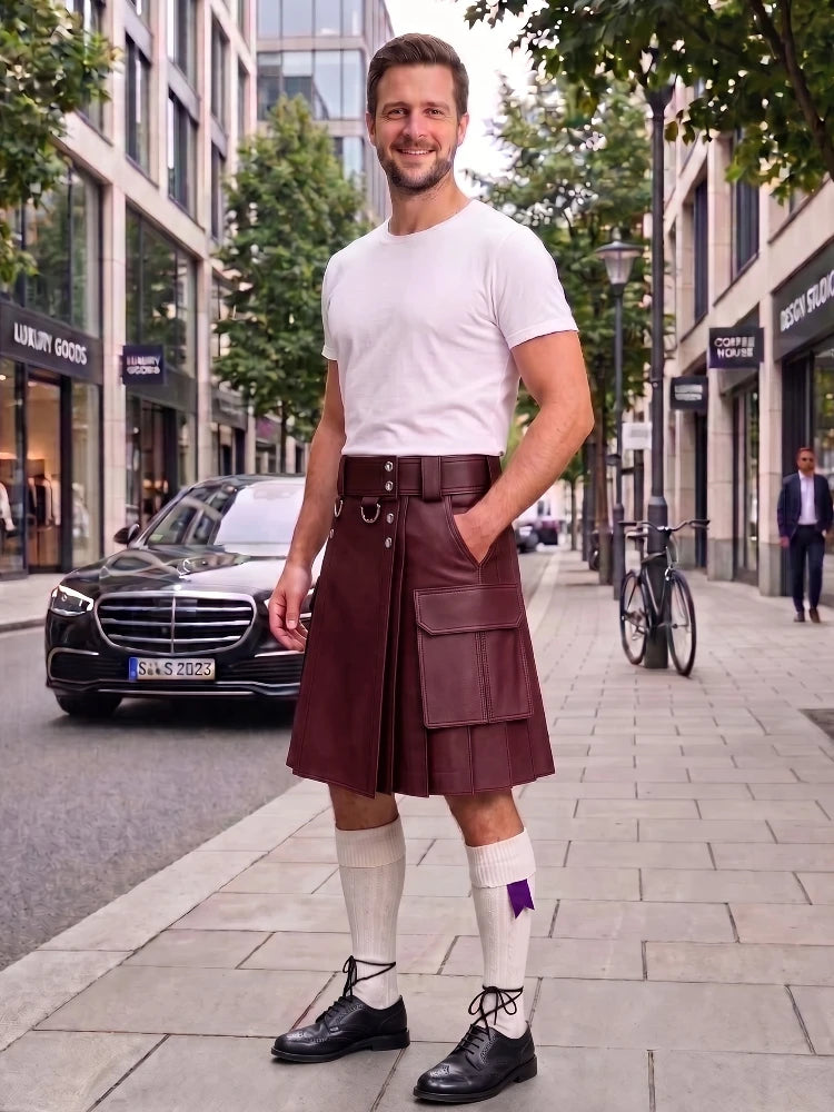 A man stands on a city sidewalk wearing a dark burgundy leather kilt with a white t-shirt, white knee-high socks, and black leather shoes. A Mercedes-Benz car and a bicycle are visible in the background of the urban street scene.