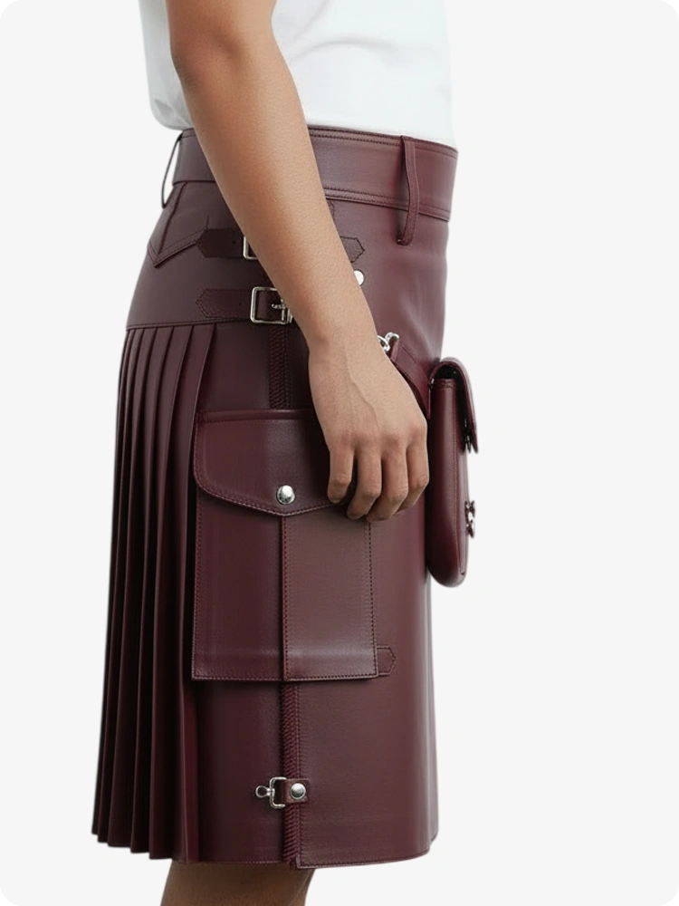 Burgundy leather skirt with a pocket on a white background