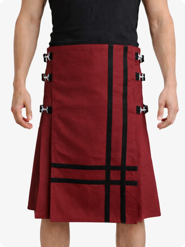 Burgundy Leather Utility Kilt with Side Buckles & Pleated Back
