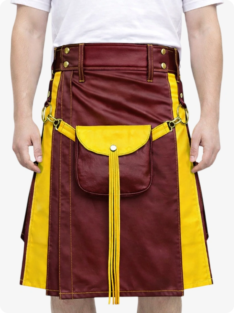 Burgundy Leather Utility Kilt with Yellow Accents & Detachable Pockets