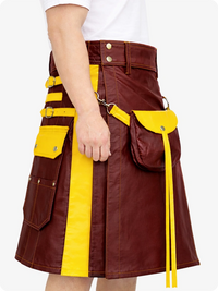 Burgundy Leather Utility Kilt with Yellow Accents & Detachable Pockets
