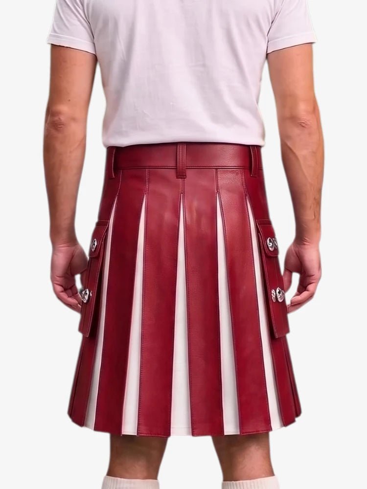 A person shown from the back wearing a pleated red leather kilt with vertical white stripes and silver-tone decorative hardware, paired with a light gray T-shirt against a plain light background.