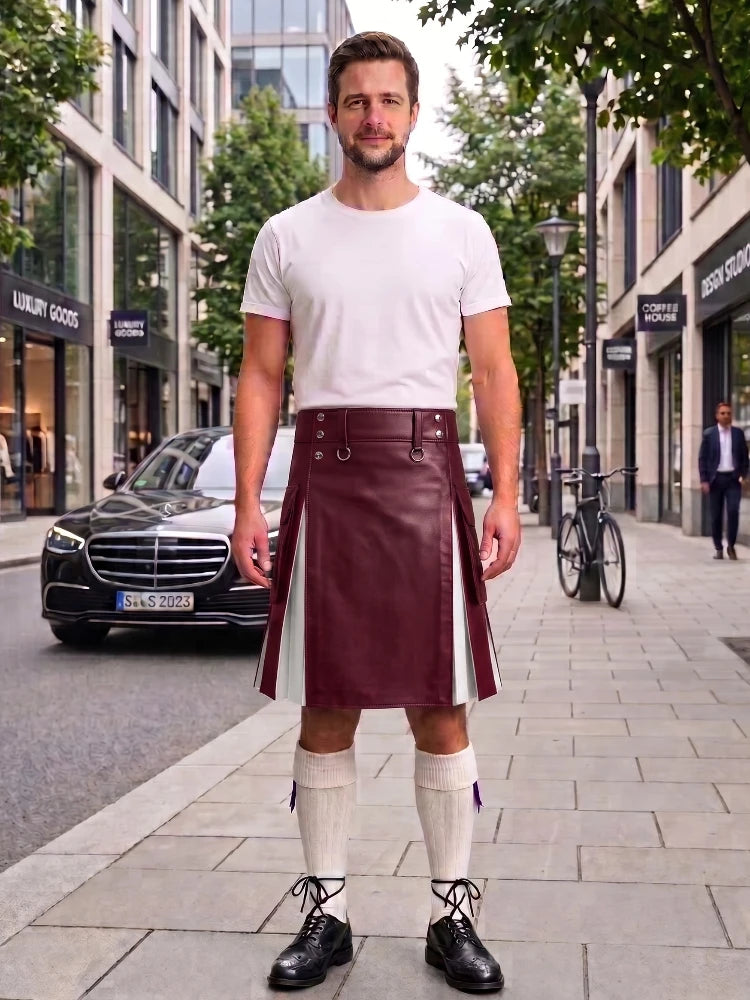 A man stands on a city sidewalk wearing a white crew-neck t-shirt and a dark burgundy leather kilt with white side panels, paired with white knee-high socks and black leather shoes.