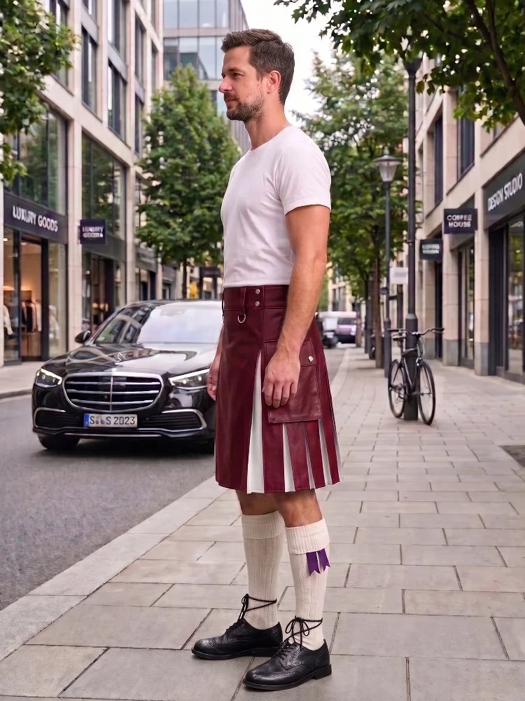 A man standing on a city sidewalk wearing a burgundy leather kilt, white t-shirt, white knee-high socks, and black leather shoes, with a Mercedes-Benz and storefronts in the background.