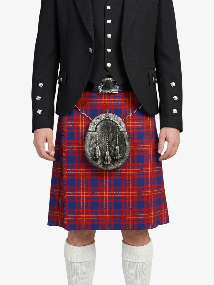 Person wearing a red tartan kilt with a black jacket on a white background