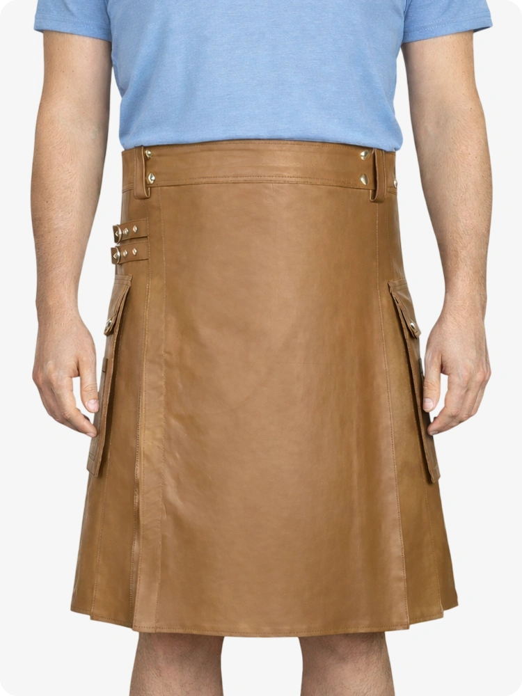 Camel Genuine Leather Utility Kilt with Side Pockets
