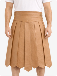 Camel pleated skirt worn by a person on a white background