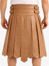 Camel pleated skirt with belt and buttons on a white background