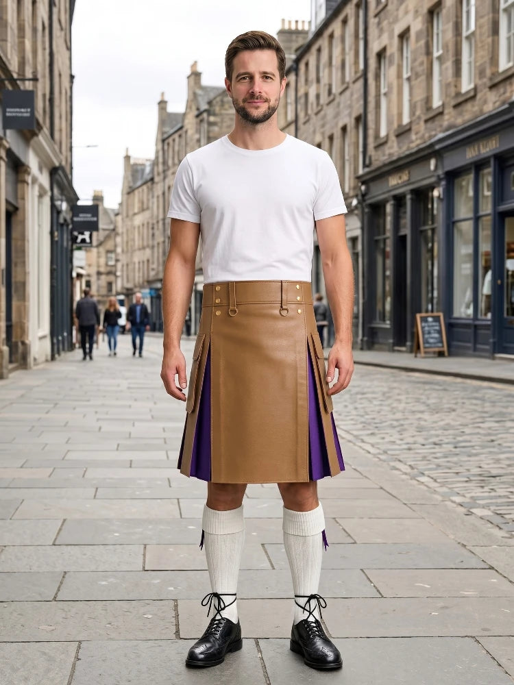 Camel Leather Kilt With Purple Pleats Front Side