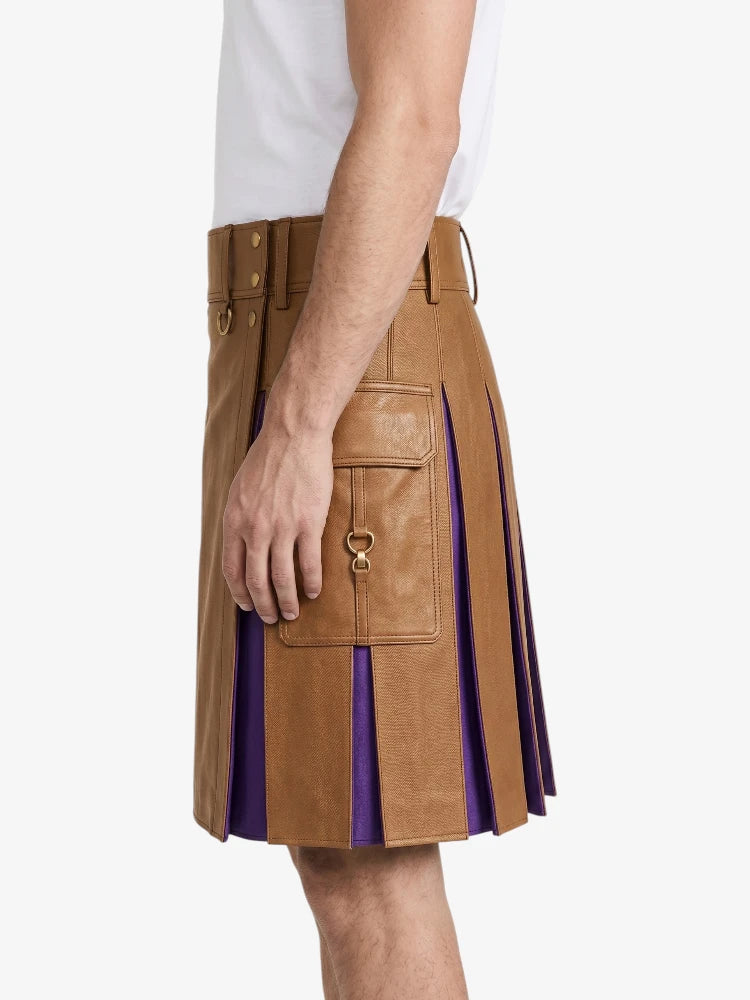 Camel Leather Kilt With Purple Pleats Left