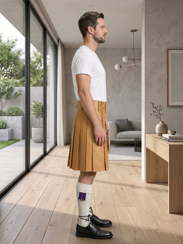 Camel Leather Utility Kilt Right Side