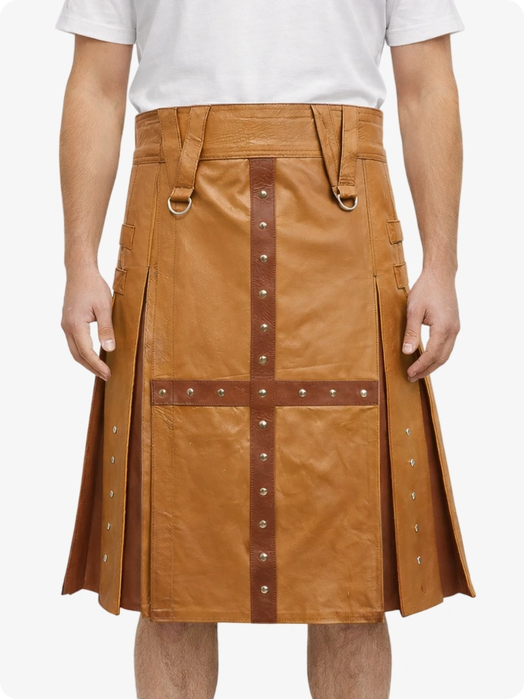 Camel Leather Utility Kilt with Brown Cross Panel & Metal Rivet Detailing