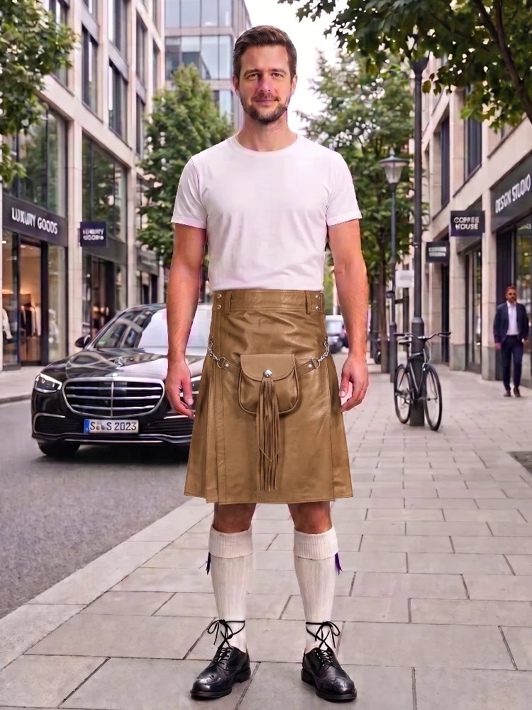 A man stands on a city sidewalk wearing a tan leather kilt with a front pouch and tie, paired with a white t-shirt, white knee-high socks, and black leather shoes. A black Mercedes-Benz is parked behind him on the street, with storefronts and trees in the background.