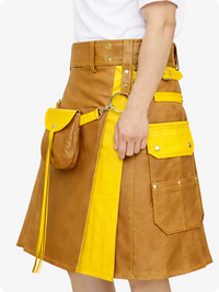 Camel and yellow skirt with a white background