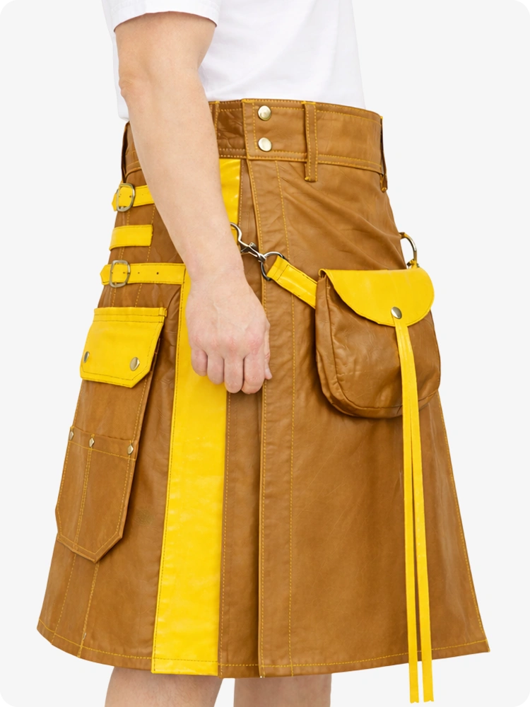 Camel Leather Utility Kilt with Yellow Accents & Detachable Pockets