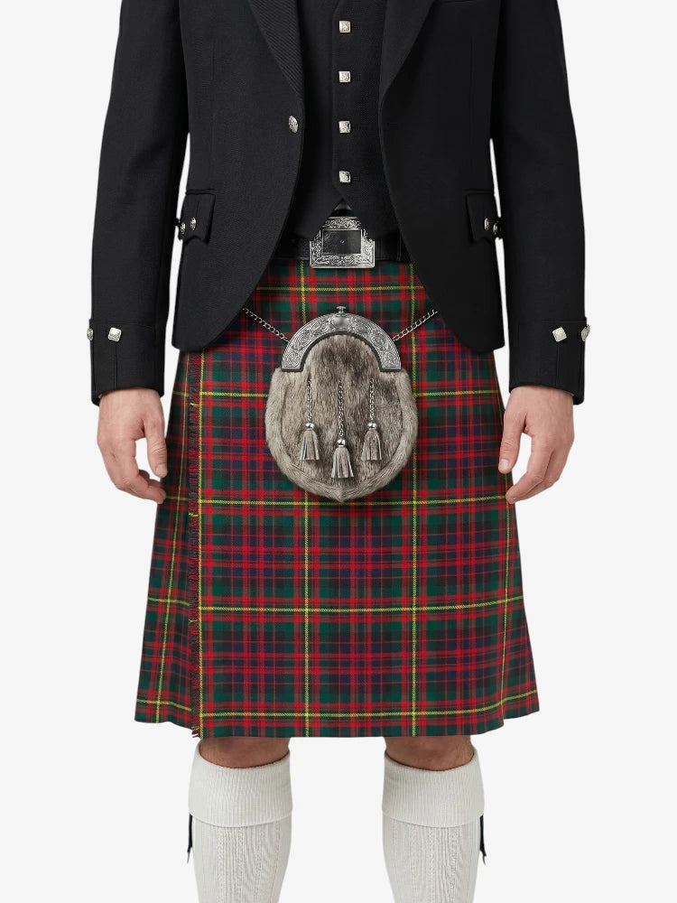 Person wearing a traditional Scottish kilt with a tartan pattern on a white background