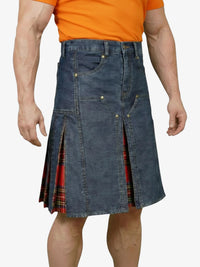 Person wearing a blue denim kilt with plaid accents on a white background