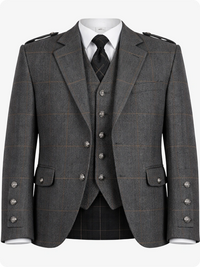 Gray tweed suit with jacket, waistcoat, and kilt on a white background
