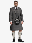 Man wearing a traditional Scottish kilt with a gray suit jacket on a white background