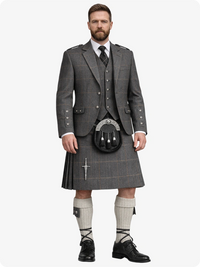 Man wearing a traditional Scottish kilt with a gray suit jacket on a white background
