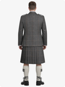 Person wearing a gray plaid kilt with a matching jacket on a white background