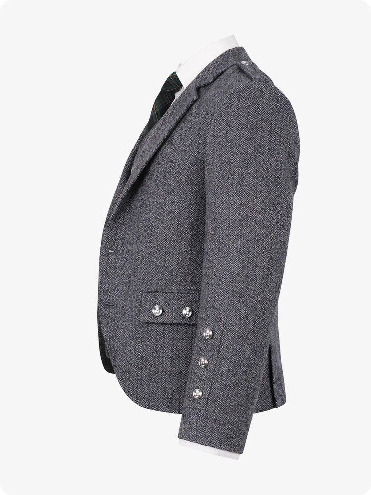 Charcoal blazer with button details on a white background