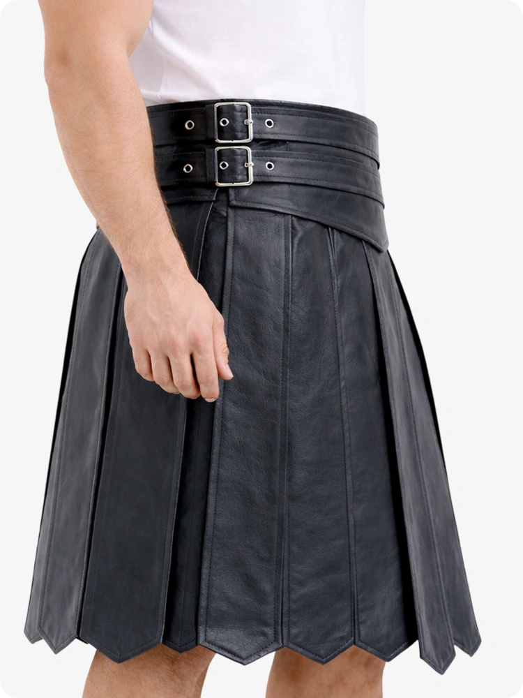 Charcoal Leather Highland Kilt Adjustable Buckle Waist & Classic Pleats
