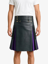 Charcoal Leather Kilt With Purple Pleats